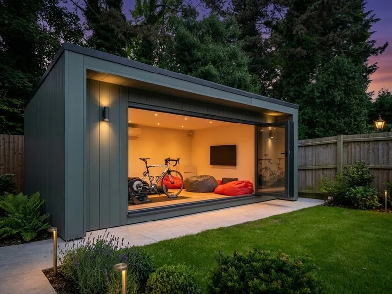 Garden gym at dusk with warm interior lighting