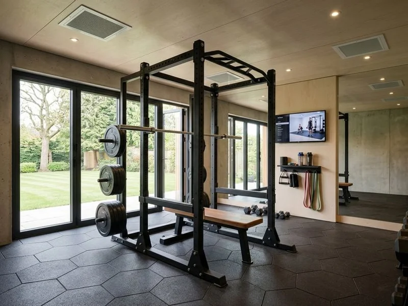 Garden gym with power rack and rubber tile flooring