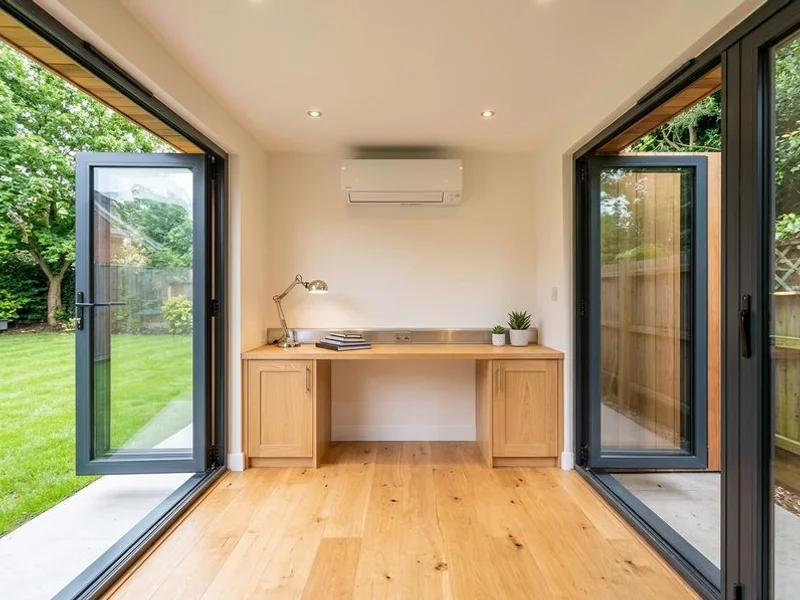 Garden office interior with bespoke joinery, desk area and climate control