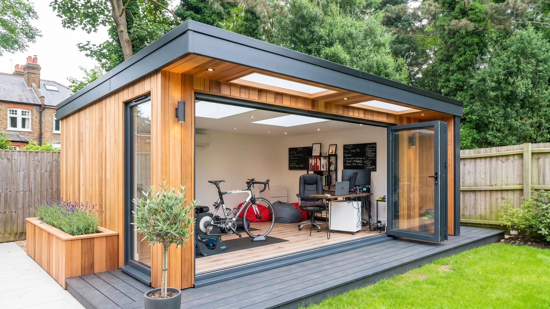 Bespoke garden studio with cedar cladding and north-light rooflights