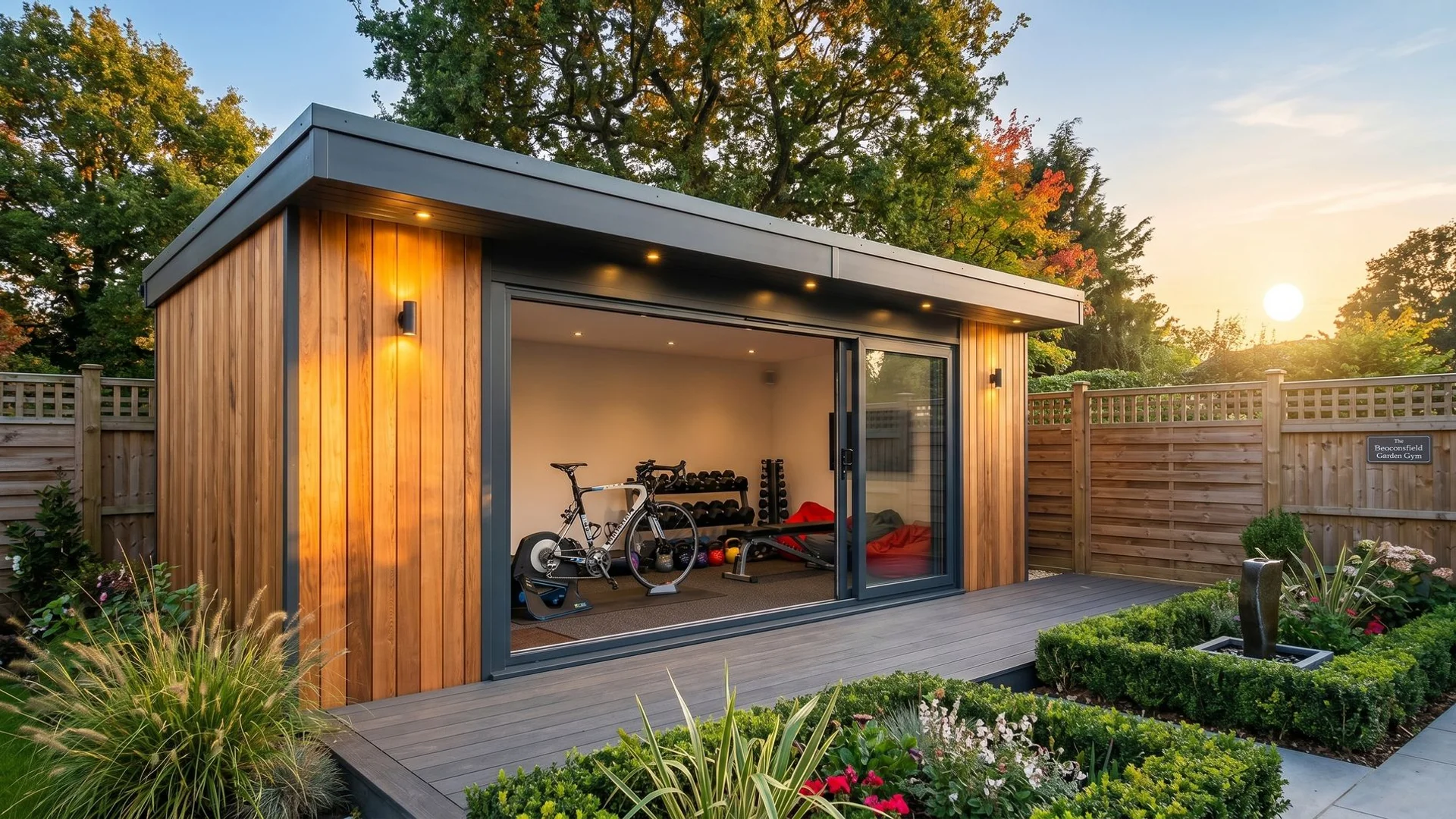 Premium garden gym exterior with aluminium sliding doors and composite cladding in a Beaconsfield garden